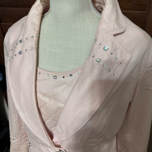 Womens Denim By Milano 3 Pc Suit Skirt Jacket shell Baby Pink sz 10 Bling - Picture 3 of 13